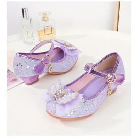 Trendy Cute Bowknot Sequin High Heel Shoes For Girls, Lightweight Non Slip Soft Bottom Dress Shoes For Vacation Performance Party, Spring And Autumn