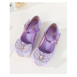 Trendy Cute Bowknot Sequin High Heel Shoes For Girls, Lightweight Non Slip Soft Bottom Dress Shoes For Vacation Performance Party, Spring And Autumn