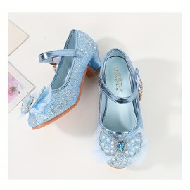 Trendy Cute Bowknot Sequin High Heel Shoes For Girls, Lightweight Non Slip Soft Bottom Dress Shoes For Vacation Performance Party, Spring And Autumn