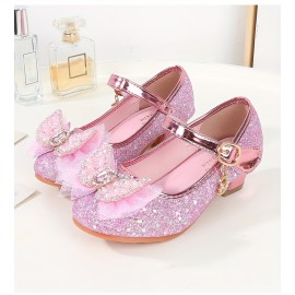 Trendy Cute Bowknot Sequin High Heel Shoes For Girls, Lightweight Non Slip Soft Bottom Dress Shoes For Vacation Performance Party, Spring And Autumn