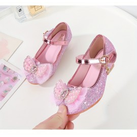 Trendy Cute Bowknot Sequin High Heel Shoes For Girls, Lightweight Non Slip Soft Bottom Dress Shoes For Vacation Performance Party, Spring And Autumn