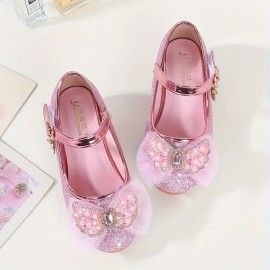 Trendy Cute Bowknot Sequin High Heel Shoes For Girls, Lightweight Non Slip Soft Bottom Dress Shoes For Vacation Performance Party, Spring And Autumn