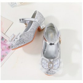 Trendy Cute Bowknot Sequin High Heel Shoes For Girls, Lightweight Non Slip Soft Bottom Dress Shoes For Vacation Performance Party, Spring And Autumn