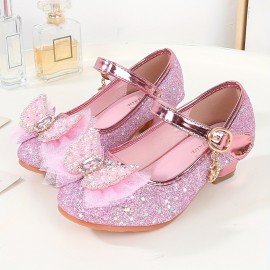 Trendy Cute Bowknot Sequin High Heel Shoes For Girls, Lightweight Non Slip Soft Bottom Dress Shoes For Vacation Performance Party, Spring And Autumn