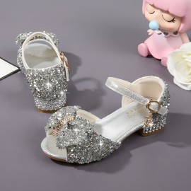 Girls Sandals Glitter Rhinestone Dress Pumps Sequins Princess Low Heels Party Dance Shoes