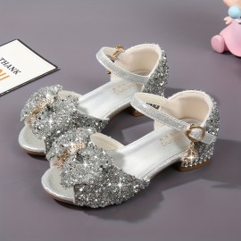 Girls Sandals Glitter Rhinestone Dress Pumps Sequins Princess Low Heels Party Dance Shoes