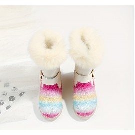 Trendy Cute Cartoon Rainbow Plus Fleece Boots For Girls Kids, Comfortable Non Slip Boots With Zipper For Indoor Outdoor Travel, Autumn And Winter