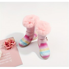 Trendy Cute Cartoon Rainbow Plus Fleece Boots For Girls Kids, Comfortable Non Slip Boots With Zipper For Indoor Outdoor Travel, Autumn And Winter