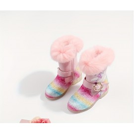 Trendy Cute Cartoon Rainbow Plus Fleece Boots For Girls Kids, Comfortable Non Slip Boots With Zipper For Indoor Outdoor Travel, Autumn And Winter