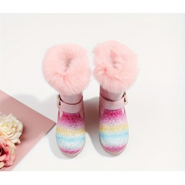 Trendy Cute Cartoon Rainbow Plus Fleece Boots For Girls Kids, Comfortable Non Slip Boots With Zipper For Indoor Outdoor Travel, Autumn And Winter