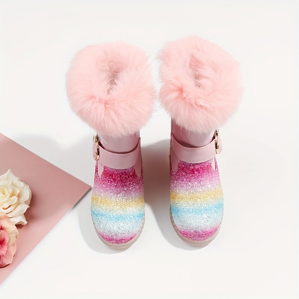 Trendy Cute Cartoon Rainbow Plus Fleece Boots For Girls Kids, Comfortable Non Slip Boots With Zipper For Indoor Outdoor Travel, Autumn And Winter