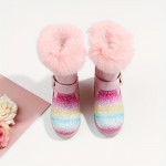 Trendy Cute Cartoon Rainbow Plus Fleece Boots For Girls Kids, Comfortable Non Slip Boots With Zipper For Indoor Outdoor Travel, Autumn And Winter