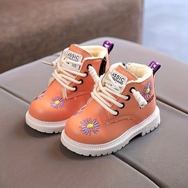 JIAGEYA Trendy Embroidered Flower Comfortable Boots For Girls, Soft Warm Plus Fleece Boots For Indoor Outdoor Walking, Autumn And Winter