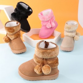 Cute Plush Ball Comfortable Boots For Girls, Soft Warm Plus Fleece Boots For Indoor Walking, Wear-resistant Non-slip Winter Boots