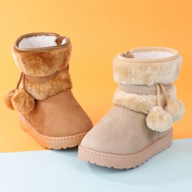 Cute Plush Ball Comfortable Boots For Girls, Soft Warm Plus Fleece Boots For Indoor Walking, Wear-resistant Non-slip Winter Boots