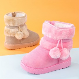 Cute Plush Ball Comfortable Boots For Girls, Soft Warm Plus Fleece Boots For Indoor Walking, Wear-resistant Non-slip Winter Boots