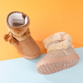 Cute Plush Ball Comfortable Boots For Girls, Soft Warm Plus Fleece Boots For Indoor Walking, Wear-resistant Non-slip Winter Boots