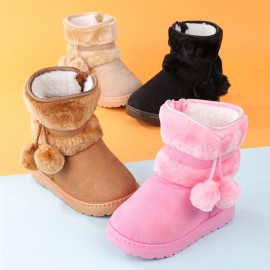 Cute Plush Ball Comfortable Boots For Girls, Soft Warm Plus Fleece Boots For Indoor Walking, Wear-resistant Non-slip Winter Boots