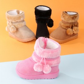 Cute Plush Ball Comfortable Boots For Girls, Soft Warm Plus Fleece Boots For Indoor Walking, Wear-resistant Non-slip Winter Boots