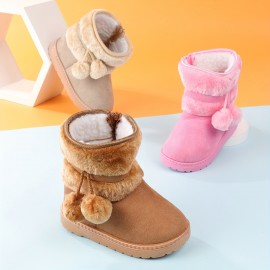 Cute Plush Ball Comfortable Boots For Girls, Soft Warm Plus Fleece Boots For Indoor Walking, Wear-resistant Non-slip Winter Boots