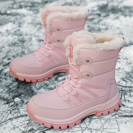 Trendy Cute Solid Color Plus Fleece Snow Boots For Girls, Non-slip Warm Boots For Outdoor Activities, Autumn And Winter