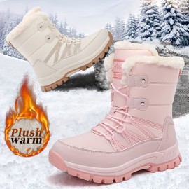 Trendy Cute Solid Color Plus Fleece Snow Boots For Girls, Non-slip Warm Boots For Outdoor Activities, Autumn And Winter