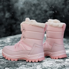 Trendy Cute Solid Color Plus Fleece Snow Boots For Girls, Non-slip Warm Boots For Outdoor Activities, Autumn And Winter