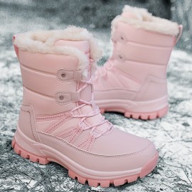 Trendy Cute Solid Color Plus Fleece Snow Boots For Girls, Non-slip Warm Boots For Outdoor Activities, Autumn And Winter