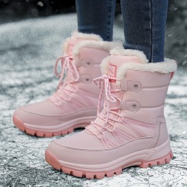 Trendy Cute Solid Color Plus Fleece Snow Boots For Girls, Non-slip Warm Boots For Outdoor Activities, Autumn And Winter