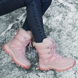 Trendy Cute Solid Color Plus Fleece Snow Boots For Girls, Non-slip Warm Boots For Outdoor Activities, Autumn And Winter