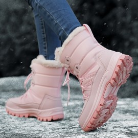 Trendy Cute Solid Color Plus Fleece Snow Boots For Girls, Non-slip Warm Boots For Outdoor Activities, Autumn And Winter