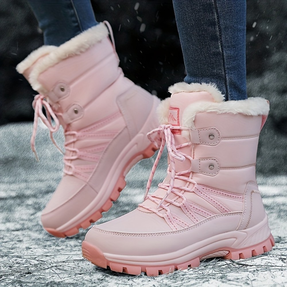 Trendy Cute Solid Color Plus Fleece Snow Boots For Girls, Non-slip Warm Boots For Outdoor Activities, Autumn And Winter