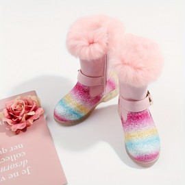 Trendy Cute Cartoon Rainbow Plus Fleece Boots For Girls Kids, Comfortable Non Slip Boots With Zipper For Indoor Outdoor Travel, Autumn And Winter