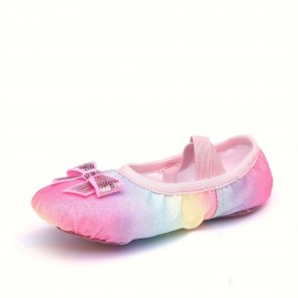 Elegant Gradient Color Bowknot Slip On Ballet Shoes For Girls, Anti Slip Soft Sole Dancing Shoes For Practice Performance, All Seasons