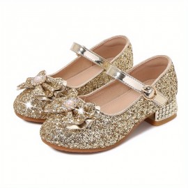 Girls Trendy Shiny Pearl Bow Tie Pumps With Buckle Strap, Dress Up Shoes With Assorted Colors