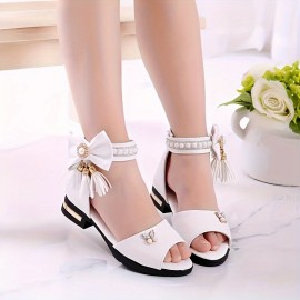 Trendy Cute Pearl Bowknot Tassel Open Toe High Heel Shoes For Girls, Breathable Lightweight Sandals For Holiday Party