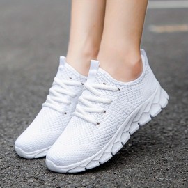 Girl's Solid Knit Breathable Running Shoes, Lace Up Comfy Soft Sole Sneakers For Outdoor Jogging, Winter & Autumn