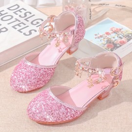 Trendy Cute Shiny Sequin High Heel Shoes For Girls, Breathable Non-slip Wear-resistant Dress Shoes For Party Wedding Performance, All Seasons