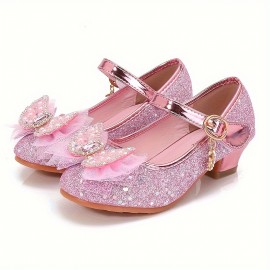 Trendy Cute Bowknot Sequin High Heel Shoes For Girls, Lightweight Non Slip Soft Bottom Dress Shoes For Vacation Performance Party, Spring And Autumn