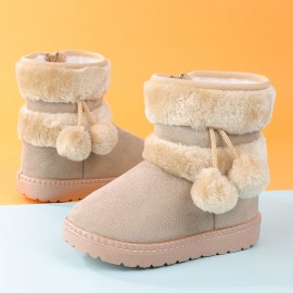 Cute Plush Ball Comfortable Boots For Girls, Soft Warm Plus Fleece Boots For Indoor Walking, Wear-resistant Non-slip Winter Boots