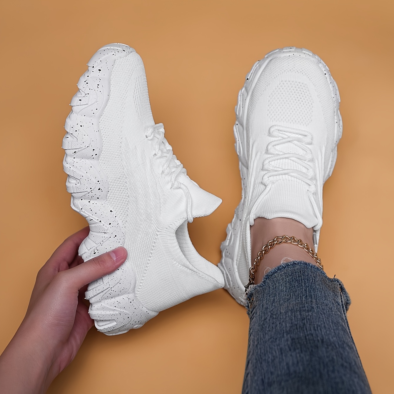 womens spring and summer fashion white casual shoes fly woven non slip comfortable light breathable solid color sneakers details 1