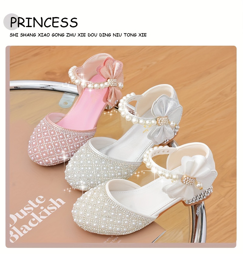 trendy elegant bowknot pearl rhinestone high heel shoes for girls breathable non slip dress shoes for wedding party   autumn details 0