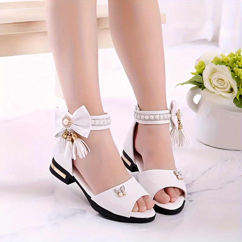 trendy cute pearl bowknot tassel open toe high heel shoes for girls breathable lightweight sandals for   details 0