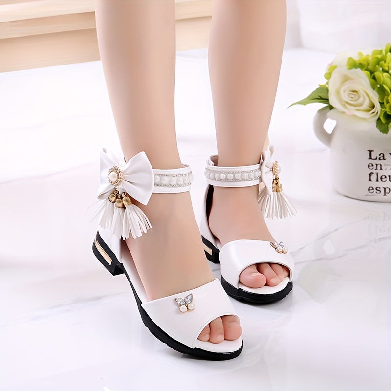 trendy cute pearl bowknot tassel open toe high heel shoes for girls breathable lightweight sandals for   details 2