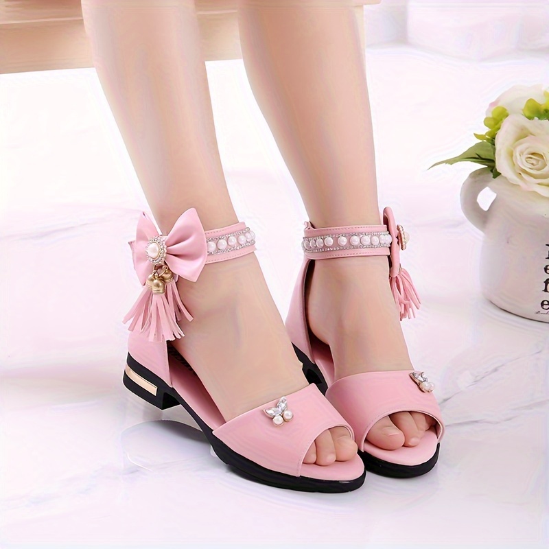 trendy cute pearl bowknot tassel open toe high heel shoes for girls breathable lightweight sandals for   details 4