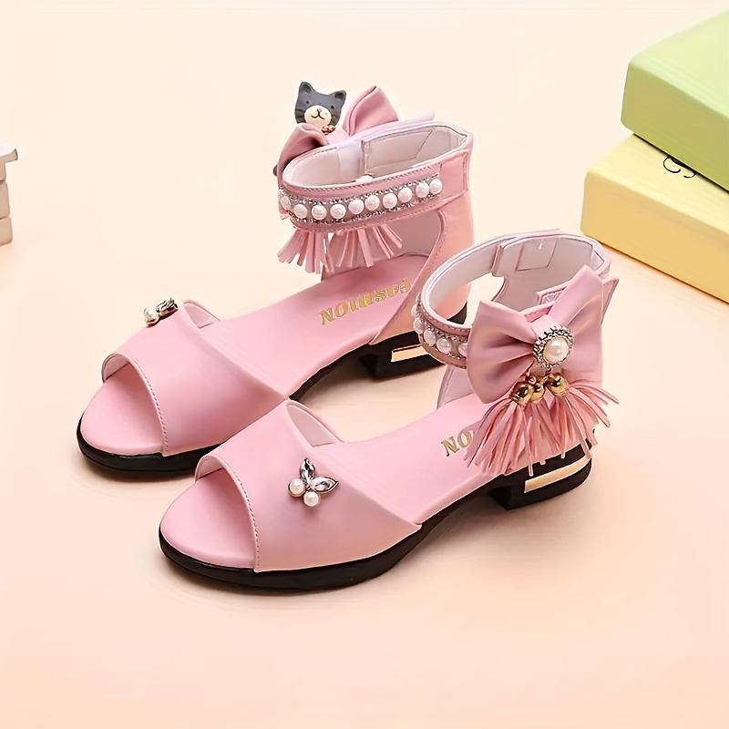 trendy cute pearl bowknot tassel open toe high heel shoes for girls breathable lightweight sandals for   details 5